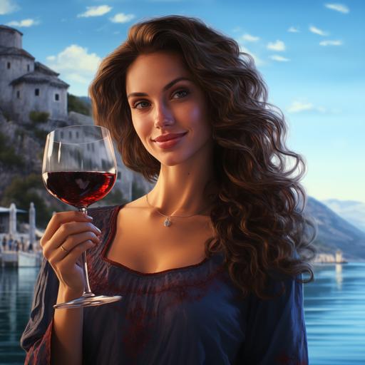 :a photo realistic beautiful brunette girl with blue eyes holding a glass of red wine with a blue lake in the background