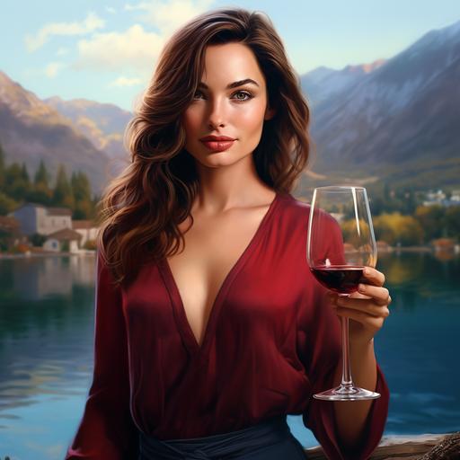 :a photo realistic beautiful brunette girl with blue eyes holding a glass of red wine with a blue lake in the background