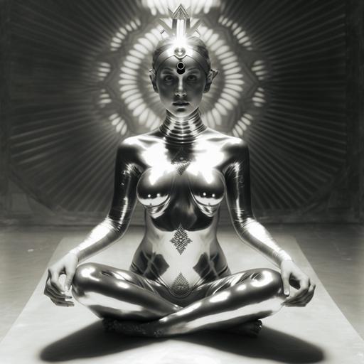 a photo realistic cinema quality full length image of a young beautiful female Buddha wearing a silver modern catsuit with a silver balaclava face mask and white light energy running in a cross crossing pattern through ida and pingala channels with a beam of light coming from the third eye, meditating in full lotus position
