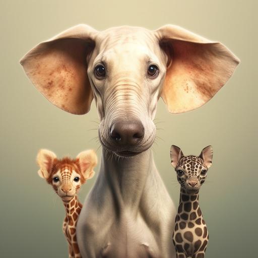 a photo realistic dog with three human ears, eight eyes, an elephant trunk for a nose, and the skin of a giraffe.