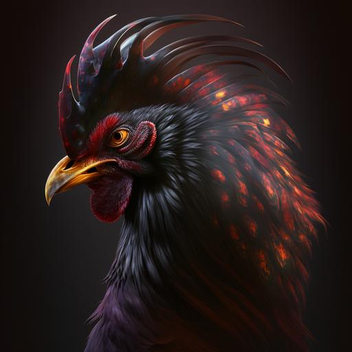 a photo realistic, fierce, menacing, colorful, fighting, game rooster Garnet black, ar:2:3