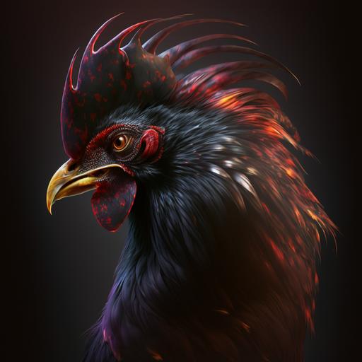 a photo realistic, fierce, menacing, colorful, fighting, game rooster Garnet black, ar:2:3