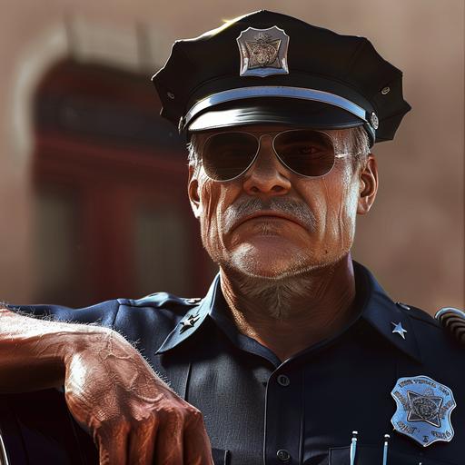 a photo realistic image of a big intimidating 50 year old small town cop leaning against his cruiser frowning