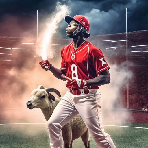 a photo realistic image of a goat hitting a homerun with flashes going off in the background at a baseball field. A helmet on the goat and the number 6 on a red baseball jersey with red trim. Goat has muscles and is mid-swing. Smoke and fire around the goat as if he was in lift off. spotlight on the goat.