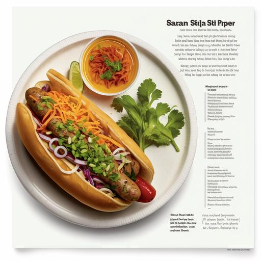 a photo realistic image of this menu item on a paper plate in the style of bon apetit magazine - PHO REAL DOG: All kosher beef hot dog marinated in pho broth, five-spice asian coleslaw, fresh basil, cilantro lime, hoisin sauce, sriracha