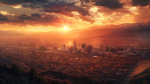 a photo realistic image, taken on a real digital camera, of Salt Lake City with a sunset cascading onto the mountain tops. You can’t see the sun, only the sunset colors in the surroundings of the image --ar 16:9