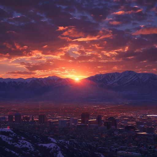 a photo realistic image, taken on a real digital camera, of Salt Lake City with a sunset cascading onto the mountain tops. You can’t see the sun, only the sunset colors in the surroundings of the image.