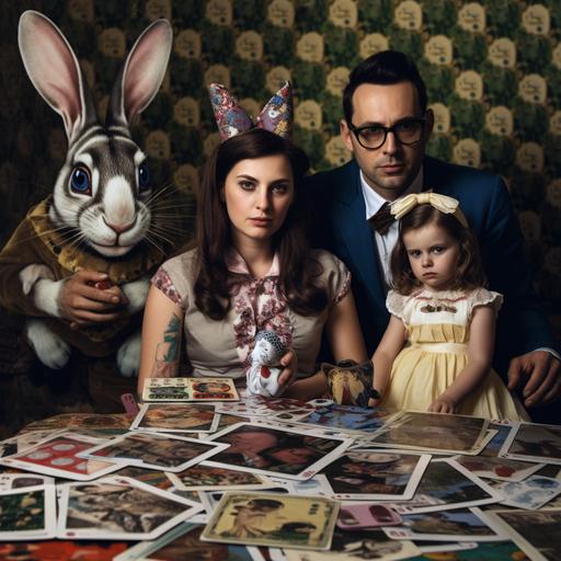 a photo-realistic optical illusion with an Alice in wonderland style including all of the following: Spanish dark-haired mum (doctor) and dad (violinist) and 3 year-old daughter plus the queen of spades and the rabbit from Alice in Wonderland; comic book cover. kodachrome, 8k, 35mm, --q 1 --s 750 --v 5