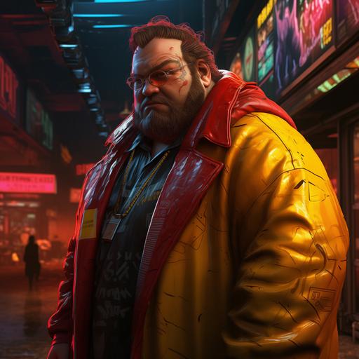 a photo realistic picture of the Simpson's cartoon character of the male human Comic Book guy set in the Cyberpunk Red RPG universe.