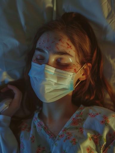 a photo taken of a young teen with her eyes closed, she has red rashy eczema flareups on her skin, she is laying on a hospital bed while her mom take the photo from the bedside from a distance, She is wearing a surgical mask that covers her face, dim lighting, realistic, --ar 3:4