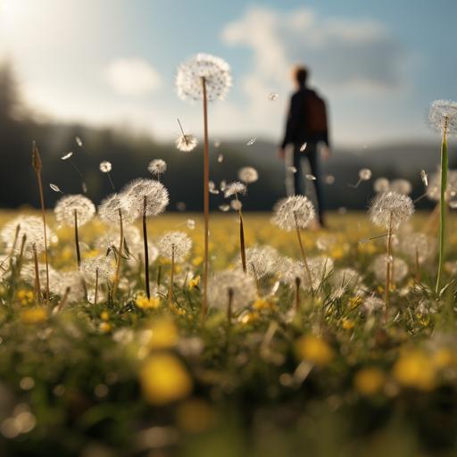 a photo, ultra realistic dandalion field and standing model 8k, 85mm, dslr