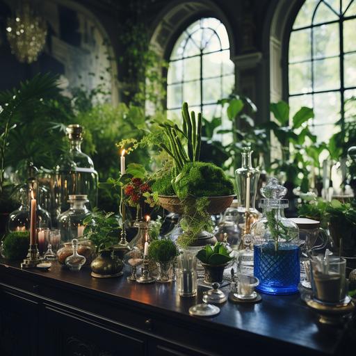 a photograph focusing on a table top, filled with botanicle plants, with the background blurred out which consist of luxurious artifacts in the room, and a nice green or blue wallpaper, room is filled with vases and lushious plants and a natural light coming from somewhere in the room