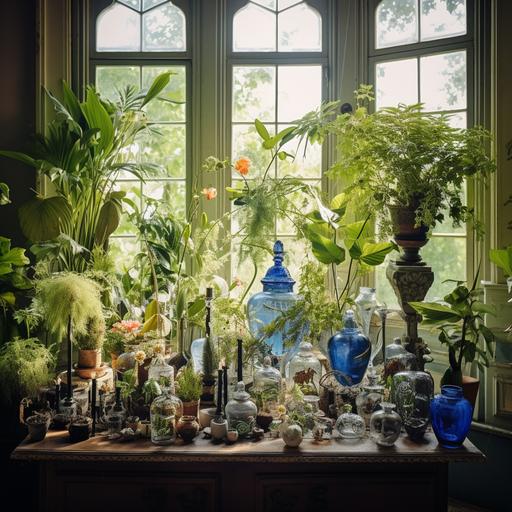 a photograph focusing on a table top, filled with botanicle plants, with the background blurred out which consist of luxurious artifacts in the room, and a nice green or blue wallpaper, room is filled with vases and lushious plants and a natural light coming from somewhere in the room