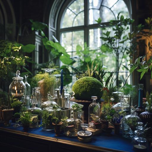 a photograph focusing on a table top, filled with botanicle plants, with the background blurred out which consist of luxurious artifacts in the room, and a nice green or blue wallpaper, room is filled with vases and lushious plants and a natural light coming from somewhere in the room