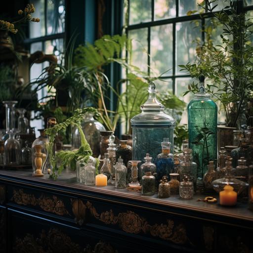 a photograph focusing on a table top, filled with botanicle plants, with the background blurred out which consist of luxurious artifacts in the room, and a nice green or blue wallpaper, room is filled with vases and lushious plants and a natural light coming from somewhere in the room