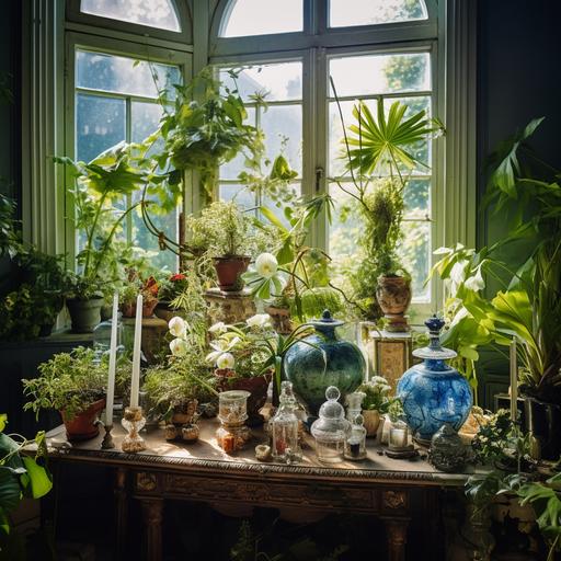 a photograph focusing on a table top, filled with botanicle plants, with the background blurred out which consist of luxurious artifacts in the room, and a nice green or blue wallpaper, room is filled with vases and lushious plants and a natural light coming from somewhere in the room