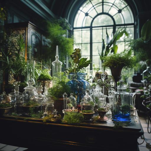 a photograph focusing on a table top, filled with botanicle plants, with the background blurred out which consist of luxurious artifacts in the room, and a nice green or blue wallpaper, room is filled with vases and lushious plants and a natural light coming from somewhere in the room