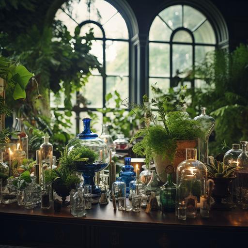 a photograph focusing on a table top, filled with botanicle plants, with the background blurred out which consist of luxurious artifacts in the room, and a nice green or blue wallpaper, room is filled with vases and lushious plants and a natural light coming from somewhere in the room