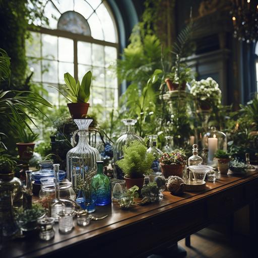 a photograph focusing on a table top, filled with botanicle plants, with the background blurred out which consist of luxurious artifacts in the room, and a nice green or blue wallpaper, room is filled with vases and lushious plants and a natural light coming from somewhere in the room