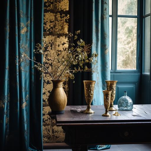 a photograph focusing on luxury wallpaper, with prussian colored fabric cloth long curtains, The background is blurred out, and there are golden details on the wood of a table, and on a vase or two, the room is filled with a beautiful and natural light coming from somewhere