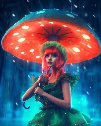 a photograph of a fairy kei young woman, in a green fairy costume with wings, standing under a giant red toadstool, smiling in the rain, colorful and vibrant, magical light effects, sparkling water droplets, hdr, cinematic, dynamic composition, --c 10 --ar 4:5 --v 5.1