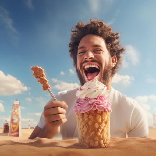a photograph of a person enjoying a sweet dessert, but in the background, display a giant toothbrush monument as a reminder to brush after indulging in sugary treats, uhd image, 4k Resolution, Realistic