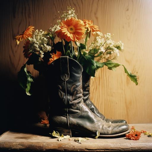 a photograph of a single cowboy boot with flowers coming out the top, film photography, shot using a contax t2