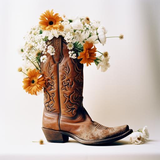 a photograph of a single cowboy boot with flowers coming out the top, blank backdrop, film photography, shot using a contax t2