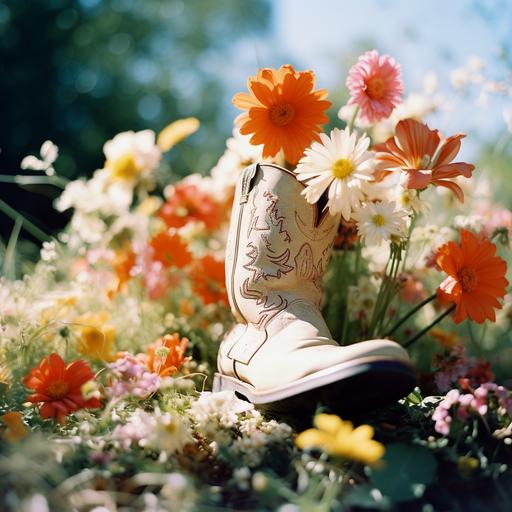 a photograph of a single cowboy boot with flowers coming out the top, film photography, shot using a contax t2