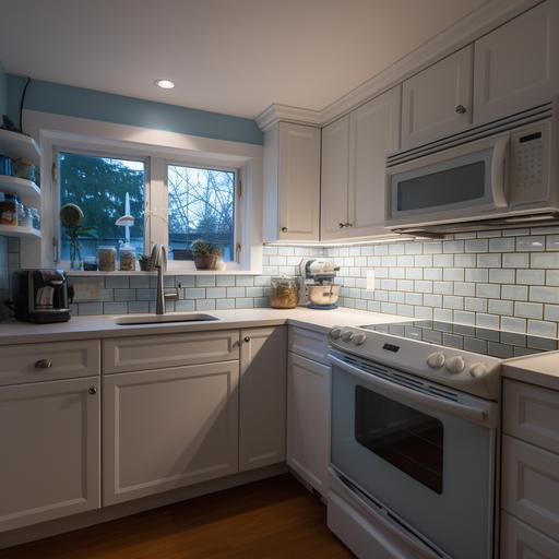 a photograph of a small kitchen, with a low ceiling with an east facing window. The walls are warm white, the cabinetry is gray. The backsplash tile is blue. Include undercabinet lighting.