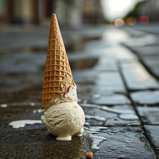 a photograph of a vanilla ice-cream cone on the sidewalk, ice cream cone is upside-down --v 6.0