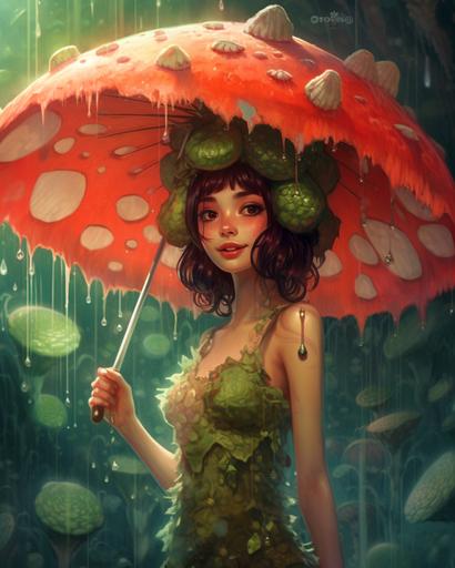 a photograph of a winged fairy kei young woman, in a green fairy costume, standing under a giant red toadstool, smiling in the rain, colorful and vibrant, magical light effects, sparkling water droplets, by Amy brown, miho hirano, Anna dittman --c 10 --ar 4:5 --v 5.1