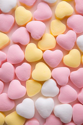 a photograph of peachy pink and yellow pastel candy conversation hearts laid in rows --style raw --ar 2:3
