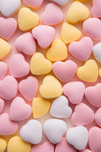 a photograph of peachy pink and yellow pastel candy conversation hearts laid in rows --style raw --ar 2:3