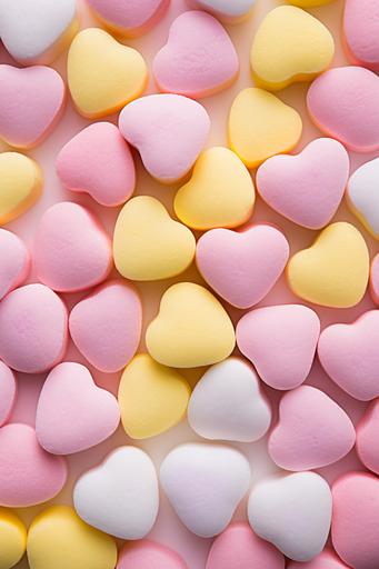 a photograph of pink and yellow pastel candy conversation hearts laid in rows --style raw --ar 2:3