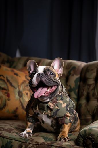 a photograph taken on a canon EOS 5D Mark IV of a french bulldog with it's tongue out wearing a camouflage pattern jacket while sitting on a camouflage pattern sofa