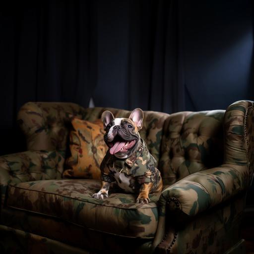 a photograph taken on a canon EOS 5D Mark IV of a french bulldog with it's tongue out wearing a camouflage pattern jacket while sitting on a camouflage pattern sofa --ar 1:1