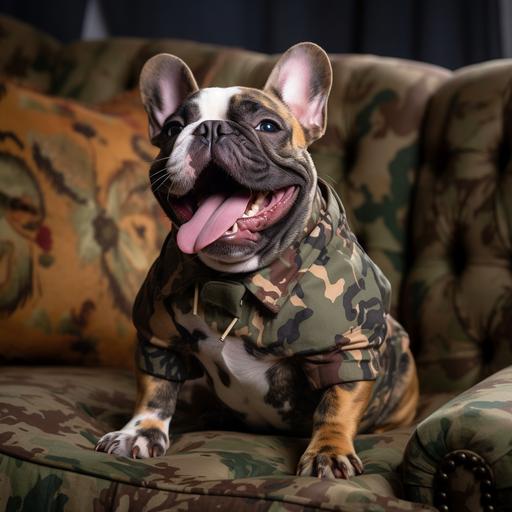 a photograph taken on a canon EOS 5D Mark IV of a french bulldog with it's tongue out wearing a camouflage pattern jacket while sitting on a camouflage pattern sofa