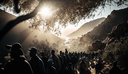 a photograph that captures a mountainous place among trees, in the north of Morocco in the surroundings of Nador, where immigrants, mostly black of sub-Saharan origin, take refuge, waiting for the moment to cross in zodiacs or boats to Europe, with the sunlight filtering through the trees and the birds singing in the distance. The use of a shallow depth of field creates a sense of depth and focus in the foreground leaves, while the blurred background adds a sense of mystery and depth. The careful use of light and color brings out the natural beauty of the scene. --ar 16:9