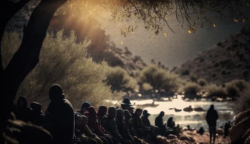 a photograph that captures a mountainous place among trees, in the north of Morocco in the surroundings of Nador, where immigrants, mostly black of sub-Saharan origin, take refuge, waiting for the moment to cross in zodiacs or boats to Europe, with the sunlight filtering through the trees and the birds singing in the distance. The use of a shallow depth of field creates a sense of depth and focus in the foreground leaves, while the blurred background adds a sense of mystery and depth. The careful use of light and color brings out the natural beauty of the scene. --ar 16:9
