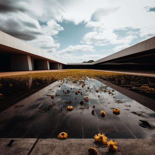 a photography in moder style of a oscar niemeyer garden in brasilia, lots of dead sunflowers, black vultures on the asphalt floor, q2 , v 5.1