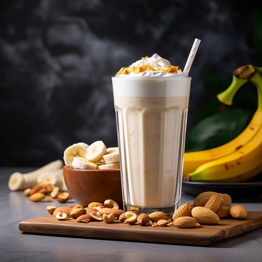 a photography shot of nutty banana smoothie . Ingredients are Banana, Peanutbutter, Fresh Cream, Vanilla Ice Cream, Honey & Milk - need a realistic shot of smoothie takeaway glass transparent - with moderen setting shot by nikon z7