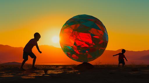 a photojournalistic photo of silhouette of kids playing with a ball in the middle of a desert, sunrise, golden light, colourful constructivist glitch art --c 5 --v 5.2 --ar 16:9