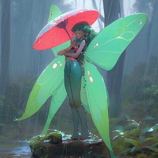 a photorealistic 3d digital painting of a fairy kei young woman, in a green fairy costume with wings, standing under a giant red toadstool, smiling in the rain, in the forest, colorful and vibrant, magical light effects, sparkling water droplets, hdr, cinematic, dynamic composition, by Amy brown, miho hirano --c 3 --niji 5 --style expressive --v 5.1