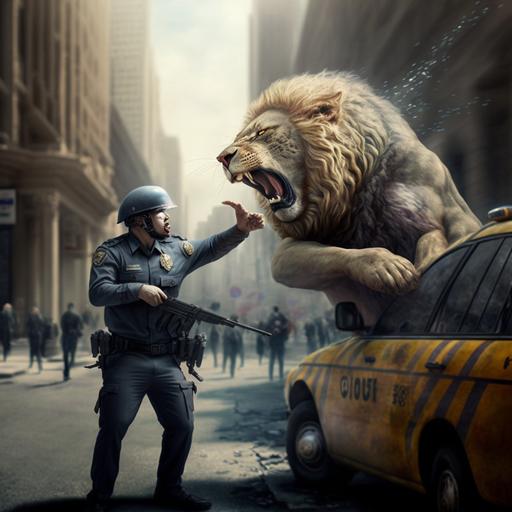 a photorealistic Zombie Lion attacking a Policeman pointing his gun in the Daytime, in a city