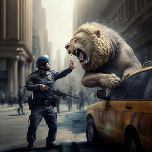 a photorealistic Zombie Lion attacking a Policeman pointing his gun in the Daytime, in a city