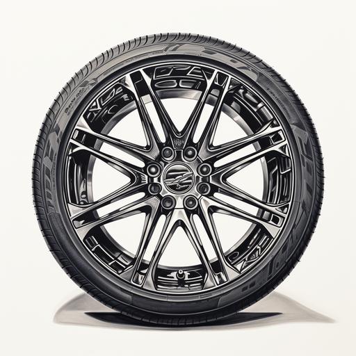 a photorealistic black pen drawing with transparent background of a new sports car tire and wheel