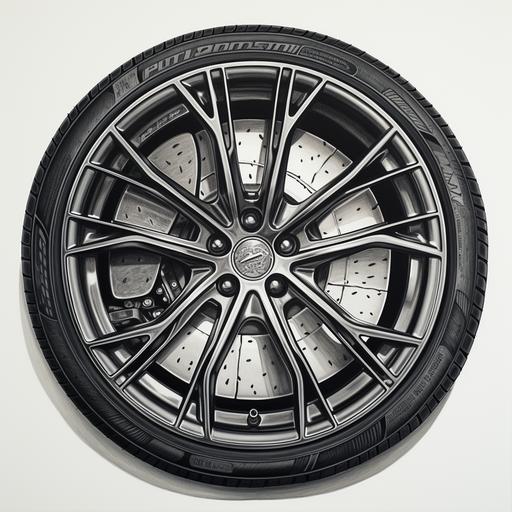 a photorealistic black pen drawing with transparent background of a new sports car tire and wheel
