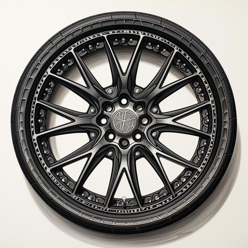 a photorealistic black pen drawing with transparent background of a new sports car tire and wheel with 5, 7 or 10 spoke designs.