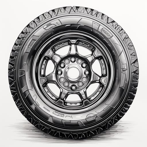 a photorealistic black pen drawing with transparent background of a new truck wheel with offroad tires with 5, 7 or 10 spoke designs.